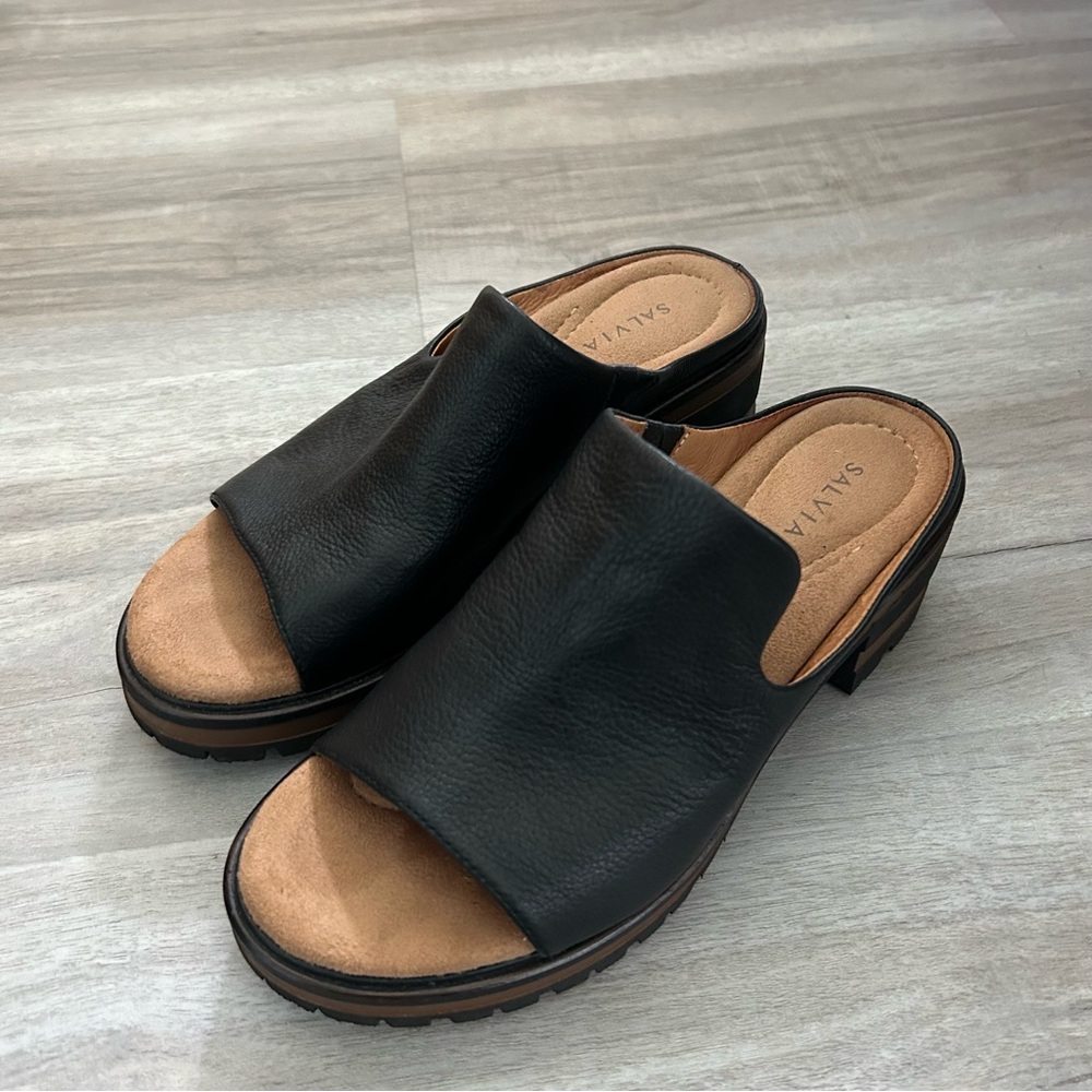 Salvia Harper Leather Slip On Mule Block Heel Sandals Black Size 40 9-9.5